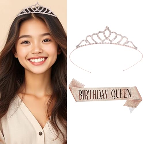 Image of Curated Cart Birthday Crown and Sash for Women Birthday Girl Sash & Rhinestone Tiara Set - Birthday Decorations Birthday Girl Crowns Tiaras for Women