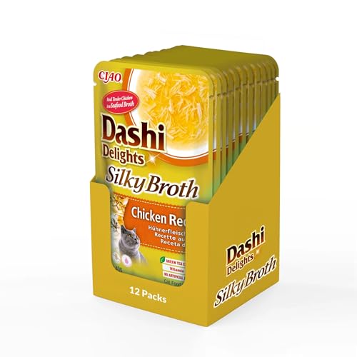 INABA Dashi Delights Silky Broth, Comida Húmeda para Gatos con Pollo, Caldo de Pescado, Rica en Proteínas, Ingredientes Naturales, Comida Complementaria, 12 Sobres de 40 g