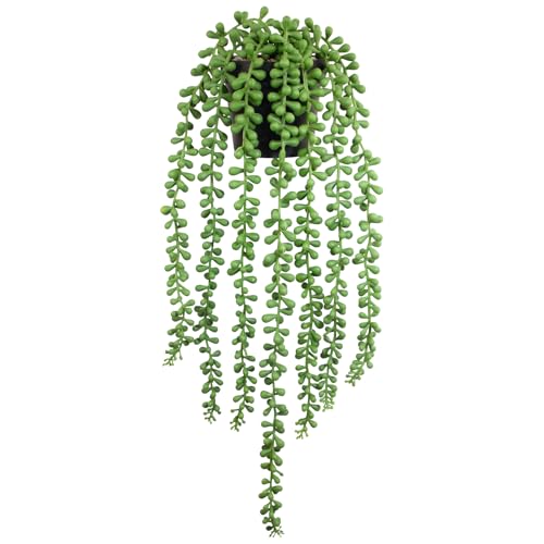 LUZOGA Realistic Artificial String of Pearls Plant - Faux Hanging Succulent Trailing Plant with Black Pot Natural-Looking Small Potted Faux Plant Indoor Outdoor for Home Office Shelf Decor