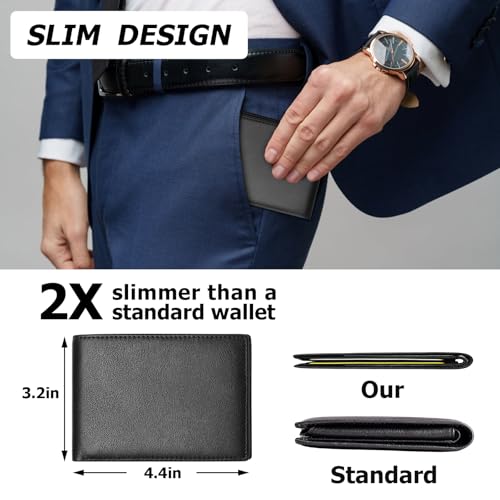 Genuine Leather Slim Wallet for Men, Thin RFID Blocking Bifold Mens Wallet Front Pocket with ID Window, 7-9 Credit Card Slots (Black)2