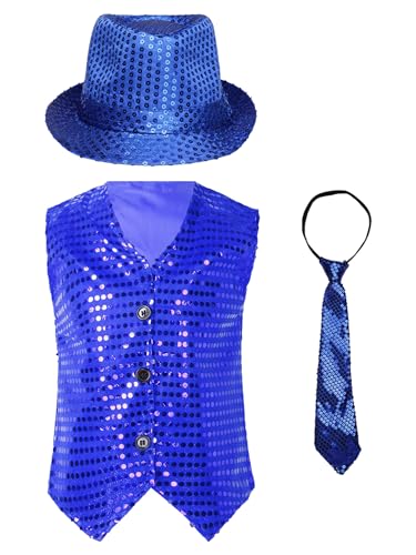 CHICTRY Kids Boys Shiny Sequin Vest Top Jacket Waistcoat & Hat & Necktie Hip Hop Jazz Dancewear