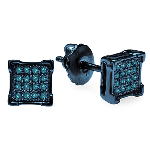Dazzlingrock Collection Round Blue Diamond Cluster Square Frame Screwback Stud Earrings For Men & Women (Unisex) (0.10 Ctw, Color Blue, Clarity I2-I3) In Blue Plated Sterling Silver #TOP6