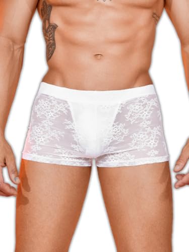 Mens Sexy Floral Lace Lingerie, Low Rise Sissy Pouch Panties, Ice Silk Sheer Boxer Briefs