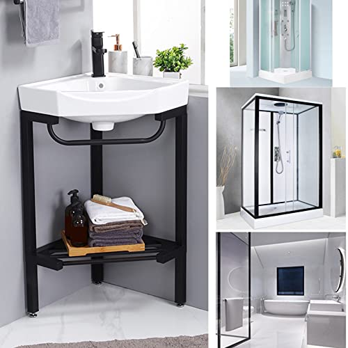 Corner Bathroom Sink White Ceramic Console Pedestal Laundry Sinks Free Standing Wash Basin Sinks Porcelain Vessel Basin Rectangle With Stainless Steel Metal Legs Stand Vanity Sink Black Storage Shelf #TOP4