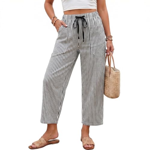Pantalon court rayé à taille élastique pour femme : le short d'été décontracté léger avec poches