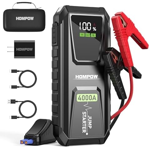 HOMPOW Car Jump Starter, 4000A Peak Jump Starter Battery Pack with 60W Fast-Charging Port(Up to All Gas and 10L Diesel Engine), 12V Portable Auto Battery Jump Box with LED Flashlight, and AC Adapter Cover