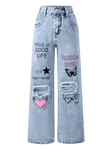 FEESHOW Kids Girls Wide Leg Ripped Jeans Y2k Graffiti Graphic Baggy Pants Casual Fashion Denim Trousers Streetwear