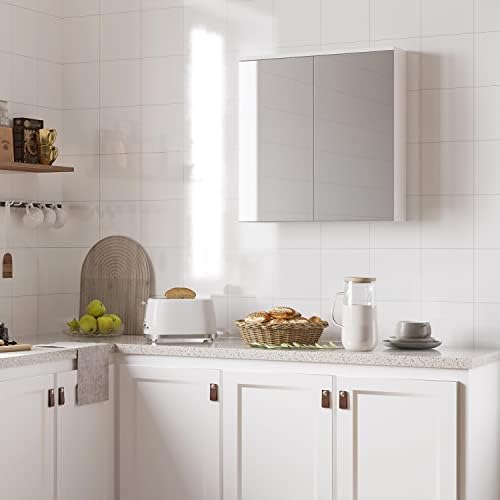 costoffs 2 Doors Bathroom Mirror Cabinet Wall Mounted Bathroom Storage Cupboard with Mirror Adjustable Shelf Cabinet for Bathroom Shower Room, Living Room, Laundry Room, Mudroom, White