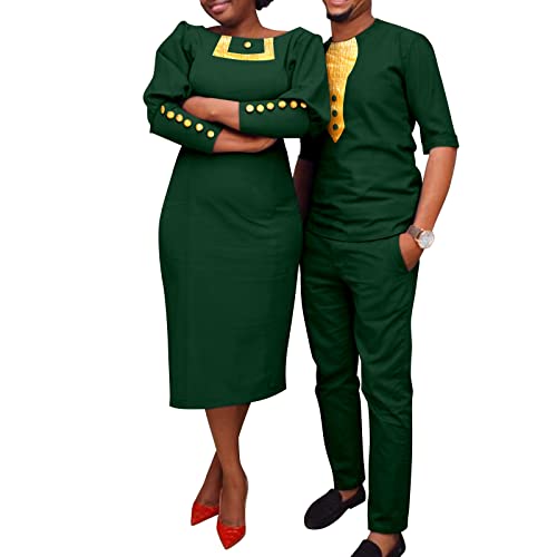 African Couple Dashiki African Women Cuffed Button Dress Bazin Riche Men's Set Kaftan Top and Pants Set