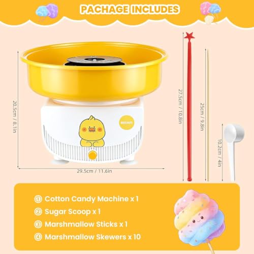 Image of Cotton Candy Machine for Kids, Countertop Cotton Candy Maker Homemade Candy Sweets for Birthday Parties, Includes a Scoop and 10 Candy Cones, Adorable Yellow Duck Cartoon Design