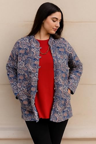 Chic Blue Printed Cotton Coat: Lightweight Quilted Short Sleeve Jacket for Women, 3X-Large by Royal India Handicraft - Image 4