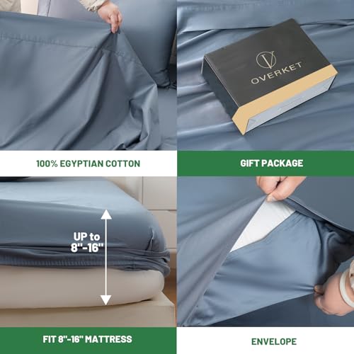 Image of 100% Egyptian Cotton Sheets King Size 4PCS 1000 Thread Count Sateen Weave Soft Breathable 16-Inch Deep Pocket (King,Dusty Blue)
