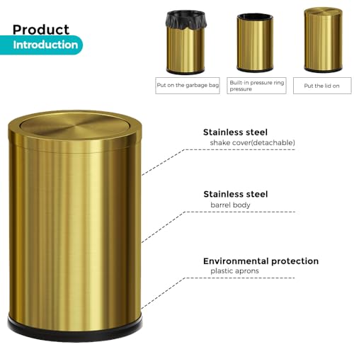 Image of 4.7 Gallon /18L Stainless Steel Bathroom Trash Can,Gold Garbage Bin with Swing Lid, Round, Elegant Waste Basket, for Toilet Bathroom Cafe Kitchen Office Hotel Home (18L-Gold)