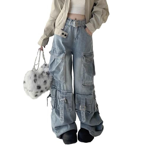 Women's Multi-Pocket Baggy Jeans Y2K Vinatge Grunge Cargo Pants Causal Wide Leg Trousers Streetwear