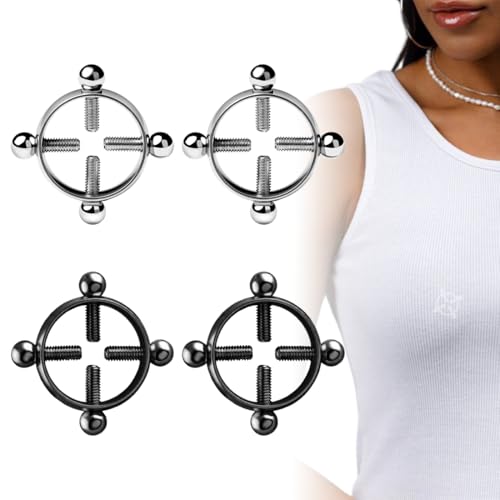 4er-Set Fake Piercing Nippelringe - 2x Stahlfarben & 2x Schwarz - Non-Piercing Brustwarzen-Schmuck - Nippelpiercing Style ohne Schmerzen - Perfekt für Styling und Experimente