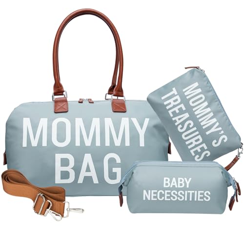 Image of printe Mommy Bag, Hospital Bag for Labor and Delivery, Large Diaper Bag for Mom Travel, Waterproof Baby Bag with Pouches and Straps, Pale Blue