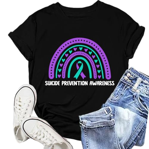 Womens Suicide Prevention Awareness Shirt Suicide Awareness T-Shirts Pink and Blue Ribbon Tee Rainbow Tops
