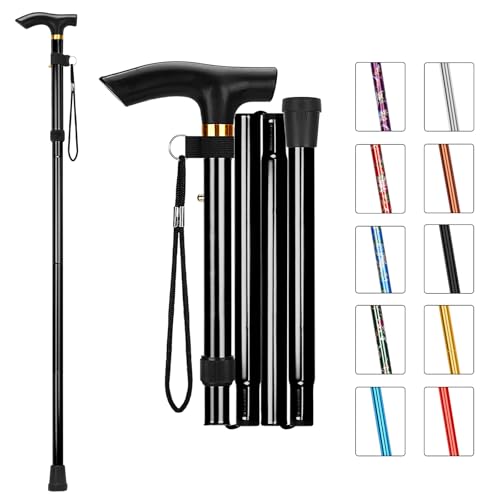 Image of MFE Folding Cane, Portable 5-Level Adjustable Height Walking Stick with Foldable Design, Wrist Strap, and T Handle for Men and Women, Black