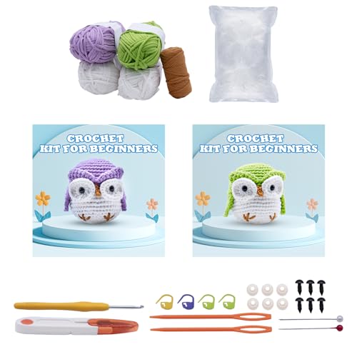 Trousse de crochet pour débutants, animaux faciles, tutoriels vidéo, hibou violet-vert