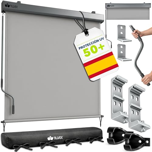 tillvex® Toldo Vertical de 200 x 250 cm para Exterior e Interior con Cubierta | Resistente al Agua con manivela para balcón, terraza y jardín | Estor para balcón, protección Solar de Aluminio