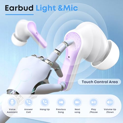 Image of Wireless Earbuds, Bluetooth 5.3 Headphones HiFi Stereo 50H Playback LED Digital Display Ear Buds with ENC Noise Canceling Headset, IPX7 Waterproof Earphones for Gym /Running /Work(Light Purple)