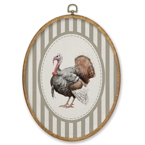 CGBHW Vintage Turkey Bird Oval Wall Art Decor Rustic Farmhouse Canvas Prints Framed Neutral Striped Turkey Wall Art Hanging Decor for Kitchen Home Bedroom Living Room 8.6x11.4 Inch