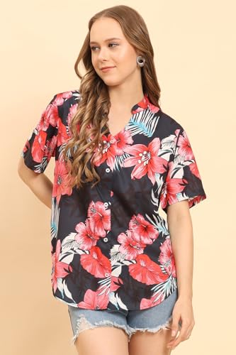 Image of Womens Casual Shirt Soft Beach Shirts Floral Tropic Print V Neck T-Shirt Short Sleeve Button Up Tops