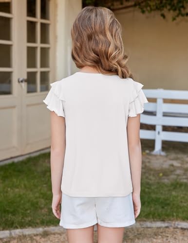 Image of Arshiner Girls T Shirts Ruffle Short Sleeve Summer Pleated Crewneck Casual Tops Tees Blouses