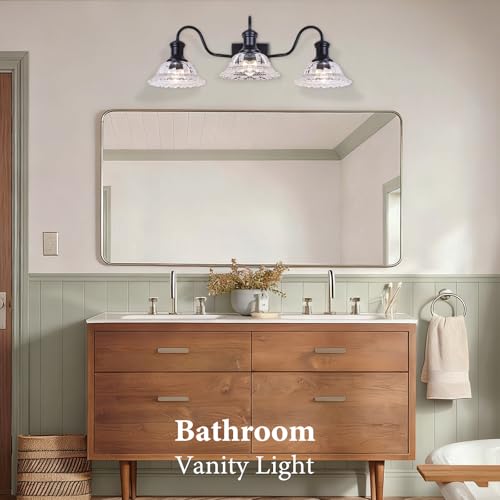 Image of Vintage Bathroom Light Fixtures, 3-Light Matte Black Vanity Light with Flower Glass Shade, Bathroom Lighting Fixtures Over Mirror for Bedroom, Dressing Table