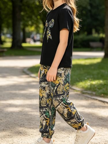 Image of Girls 6 Piece Outfits Casual Cargo Jogger Pants and Basic Love Graphic Print Short Sleeve Top Set 4-12 Years