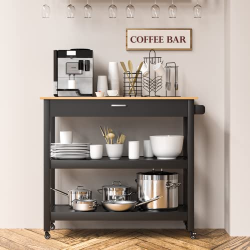 Kitchen Islands Carts With Wheels , 40’’ Rolling Kitchen Trolley Cart With Solid Wood Top And Locking Wheels, Two Open Spacious Storage Shelves And One Big Drawer, Towel Rack (Black) #TOP6