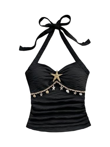 SOLY HUX Women's V Neck Halter Tops Open Back Y2k Ruched Floral