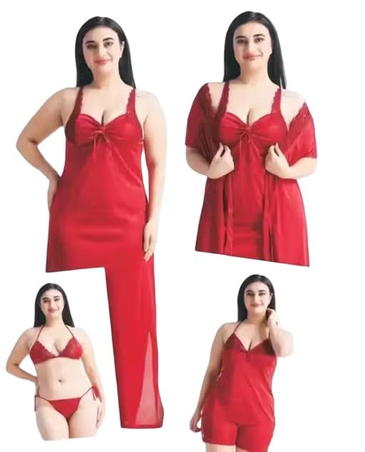 Women Satin Nighty Set with Robe, Maxi Night Dress, Lace Detail & Soft Silky Sleep Set Collection for Women-picture-33