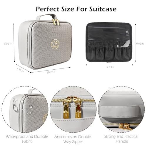 Image of MOMIRA Travel Makeup Bag Cosmetic Bag Makeup Organizer Bag with Lighted Mirror, Adjustable Brightness in 3 Color Scenarios, Waterproof Makeup Train Case, Gift for Women - Light Gray(Woven)