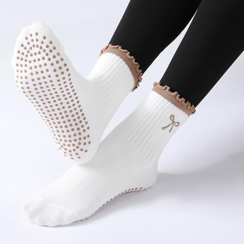 Image of Jeyiour Summer Cute Pilates Socks Women Bow Nonslip Ruffle Yoga Socks with Grip Barre Pilates Gift for Work Dance Fitness