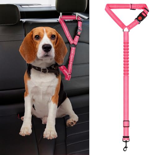 Dog Seat Belt, Pet Car Seatbelt with Elastic, 2 in 1 Adjustable Headrest Restraint Reflective Puppy Safety Harness (Red)