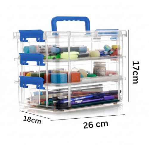 Image of Golden bird plastic boxes for Storage transparent, Space Saving Organiser with Lid Portable & Stackable for Jewelry, Beads, Crochet, Sewing, Scrapbooking DIY Craft (3 tier, Blue)