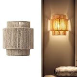 Lámpara de pared de ratán vintage: las lámparas de pared boho están 100% tejidas a mano con cuerda de cáñamo natural. Los apliques de pared de interior refractan la belleza y el misterio de las luces de pared retro for dormitorio a través de los espacios entre las cuerdas trenzadas. Los apliques de pared de ratán aportan una sensación industrial retro de casa de campo a su espacio.