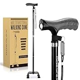 DOEPLEX Quad Cane with LED Light for Men & Women, Adjustable Walking Cane with Large 4-Pronged Base for Stability, Walking Stick for Seniors & Adults Balance (Black)