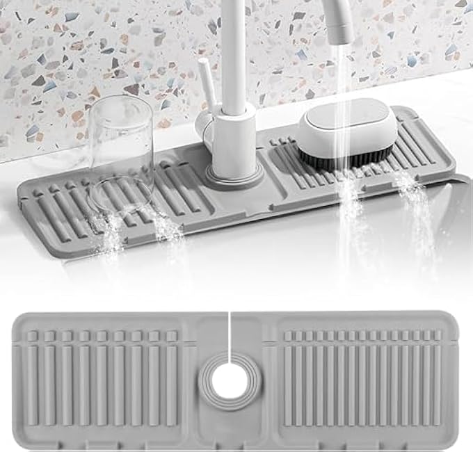 Silicone Sink Faucet Mat - Kitchen Sink Splash Guard & Sponge Holder - 7 Sloped - Gray