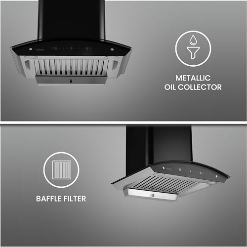 Image of Hindware Smart Appliances | Nevio Plus Blk 60cm 1400 m /hr* SS Baffle Filter Wall Mounted Chimney for Kitchen With Classic Look, Touch Control and Auto Clean Technology (Black)