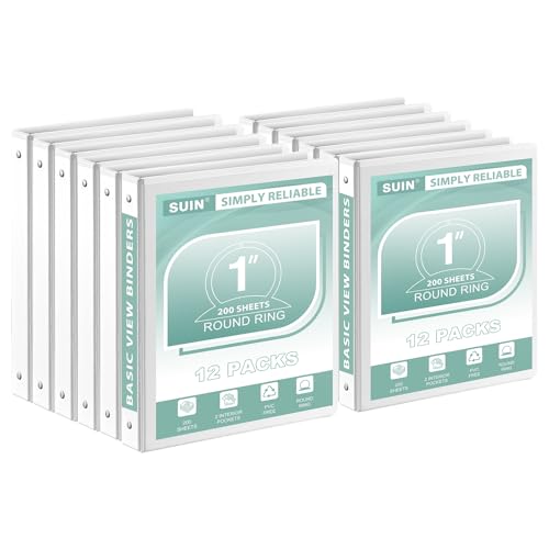 SUIN 1-Inch 3-Ring-Binder Customizable Clear View Cover for US Letter Size 8-1/2 x 11 Perfect for Office/School (White - 12 Packs)
