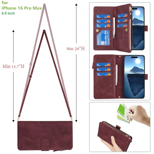 Jaorty Fit for iPhone 16 Pro Max 5G Phone Case Wallet for Women with Strap,Crossbody Shoulder Lanyard Wallet Case for iPhone 16 Pro Max with Card Holder,Zipper Pocket PU Leather Case,6.9" Burgundy by Jaorty - Image 4