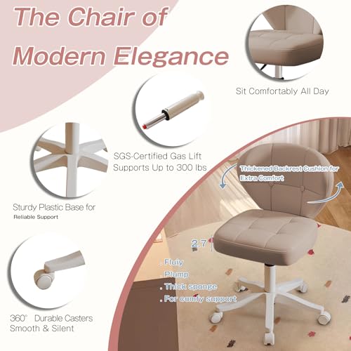 Small Office Chair with Lumbar Support, PU Leather Armless Swivel Desk Chair Adjustable Height, Compact Rolling Chair for Home Office, Bedroom, Study Khaki image 1