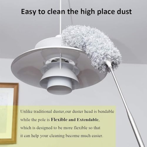 Microfiber Feather Duster with Extendable Pole, 30-100 inches Extra Long Cobweb Duster for Cleaning, Bendable Head, Non-Scratch, Washable Duster for Ceiling, Fan, Furniture Gray