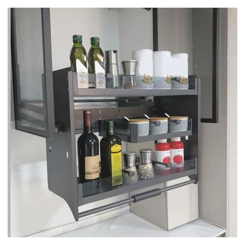 XLTFUC Pull Down Cabinet Organizer, 3 Tier Kitchen Cabinet Pull Down Shelves, Space Saving for Kitchen Appliance Lift Upper Cabinets(760x260x600mm)