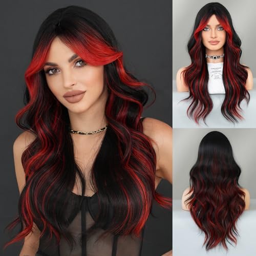 TRUMOST Black Red Highlight Long Wavy Wig with Curtain Bang 26 Inch Red Black Ombre Synthetic Heat Resistant with Dark Root Wig for Women Daily Party used.