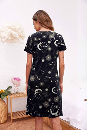 Image of Ekouaer Women's Nightshirt Short Sleeve Button Down Nightgown V-Neck Sleepwear Pajama Dress