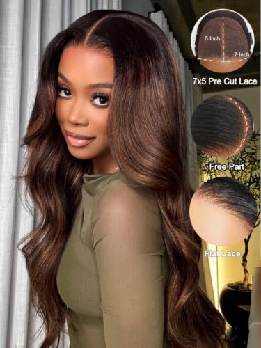 Image of Beauty Forever Balayage Brown Body Wave Glueless Human Hair Wig, Wear and Go Wig for Beginners, 7x5 Lace Pre Plucked Pre Cut Bleached Knots, No Glue Drawstring Cap, Natural Look 150% Density 22 inch