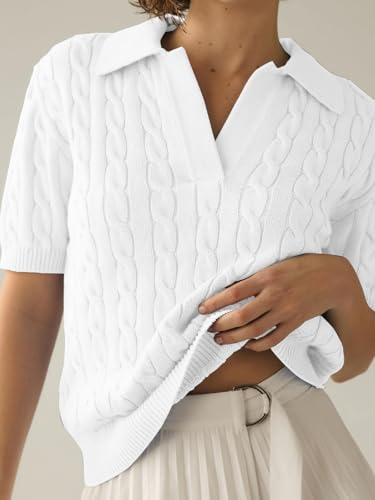 Women's Short Sleeve Pullover Sweaters Casual 2025 Summer Tops Cable Knit Solid Lapel V Neck Sweater2